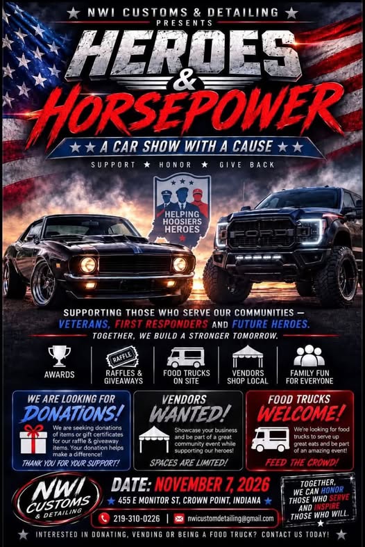 Flyer for Heroes & Horsepower - NWI Customs & Detailing Car Show