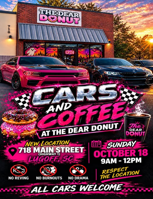 Flyer for Cars and Coffee at The Dear Donut