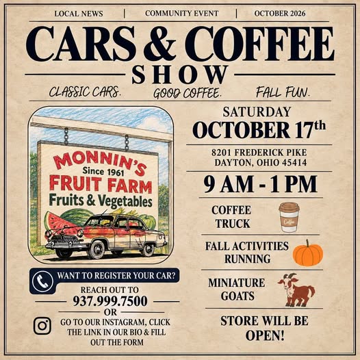 Flyer for Monnin's Fruit Farm Cars & Coffee Show