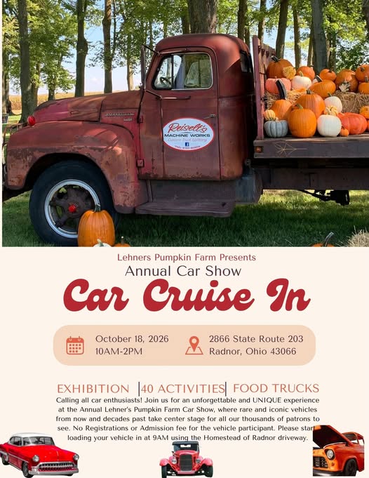 Flyer for Lehners Pumpkin Farm Annual Car Cruise In