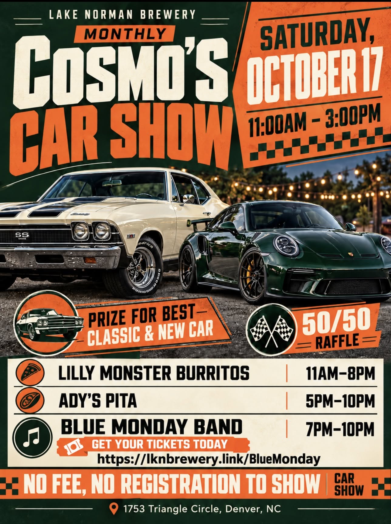 Flyer for Lake Norman Brewery Monthly Cosmo's Car Show