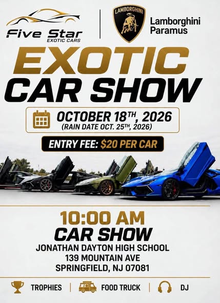 Flyer for Five Star Exotic Car Show at Lamborghini Paramus