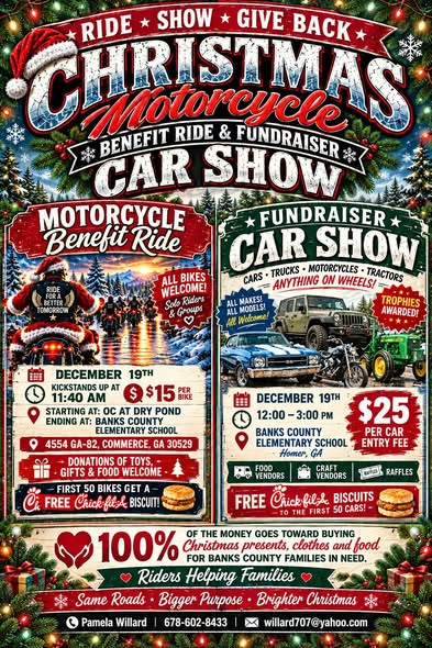 Flyer for Christmas Motorcycle Benefit Ride & Fundraiser Car Show