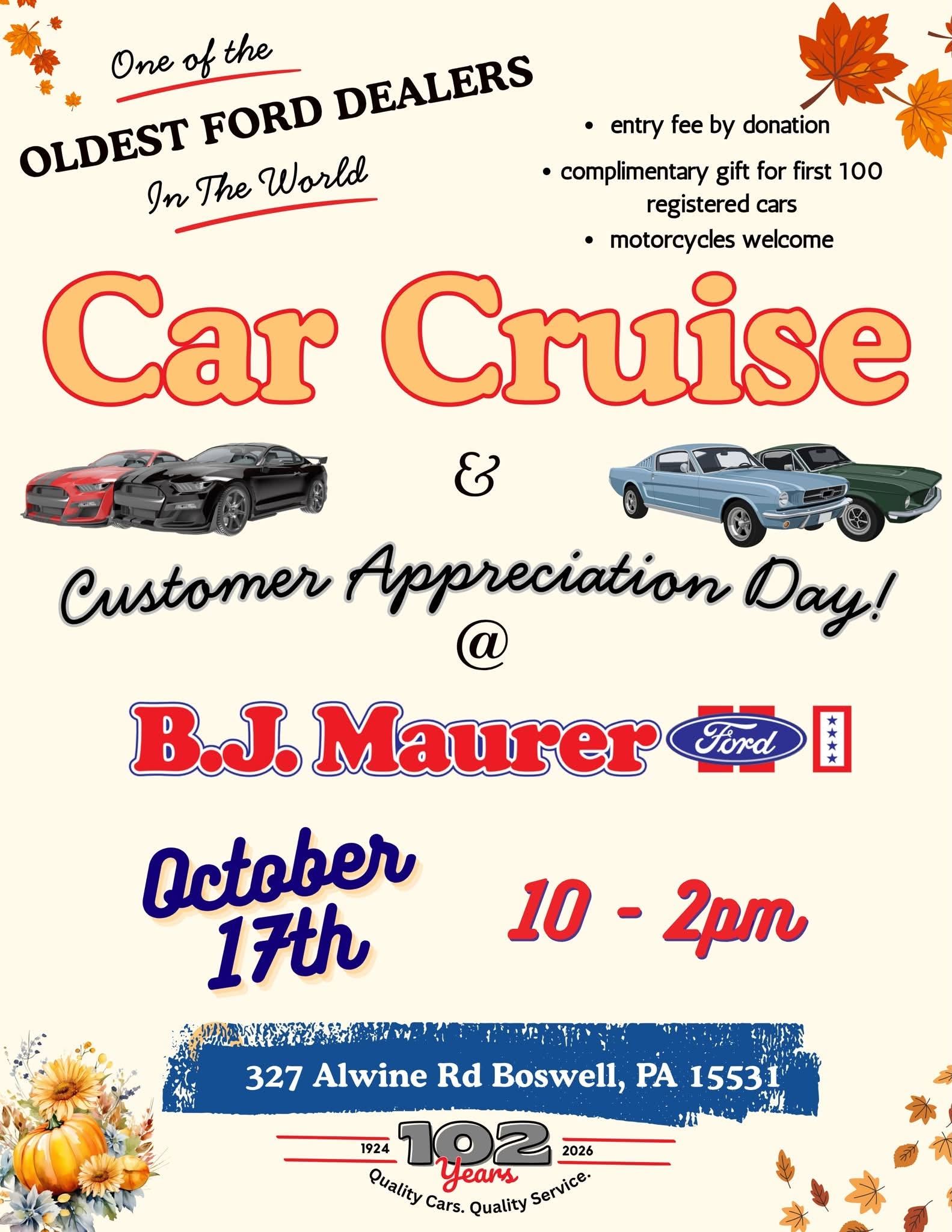 Flyer for B.J. Maurer Ford Car Cruise & Customer Appreciation Day