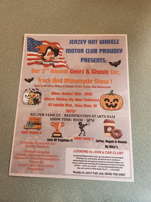 Flyer for Jersey Hot Wheelz Motor Club 2nd Annual Gearz & Ghoulz Car, Truck And Motorcycle Show