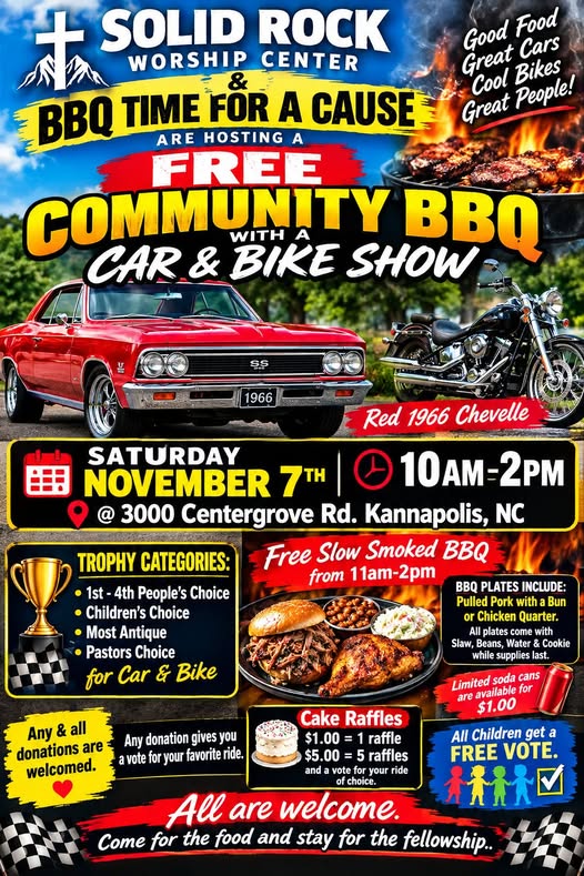 Flyer for Solid Rock Worship Center BBQ Time for a Cause Community BBQ with Car & Bike Show
