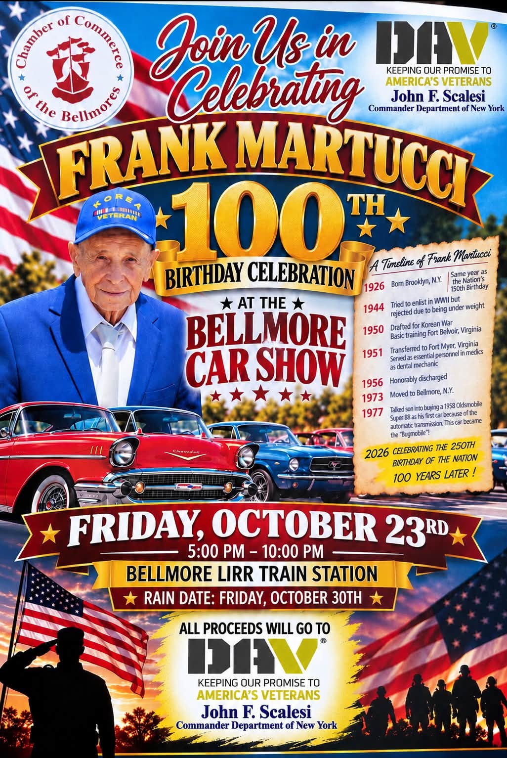 Flyer for Frank Martucci 100th Birthday Celebration at the Bellmore Car Show