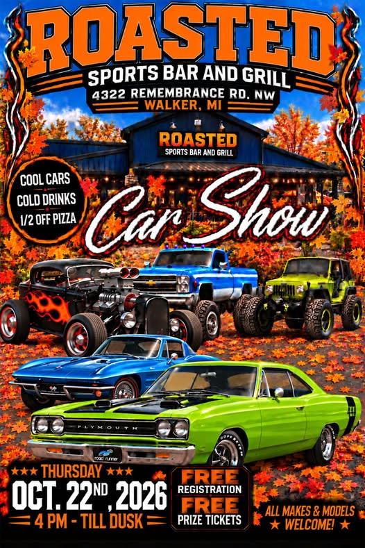 Flyer for Roasted Sports Bar and Grill Car Show