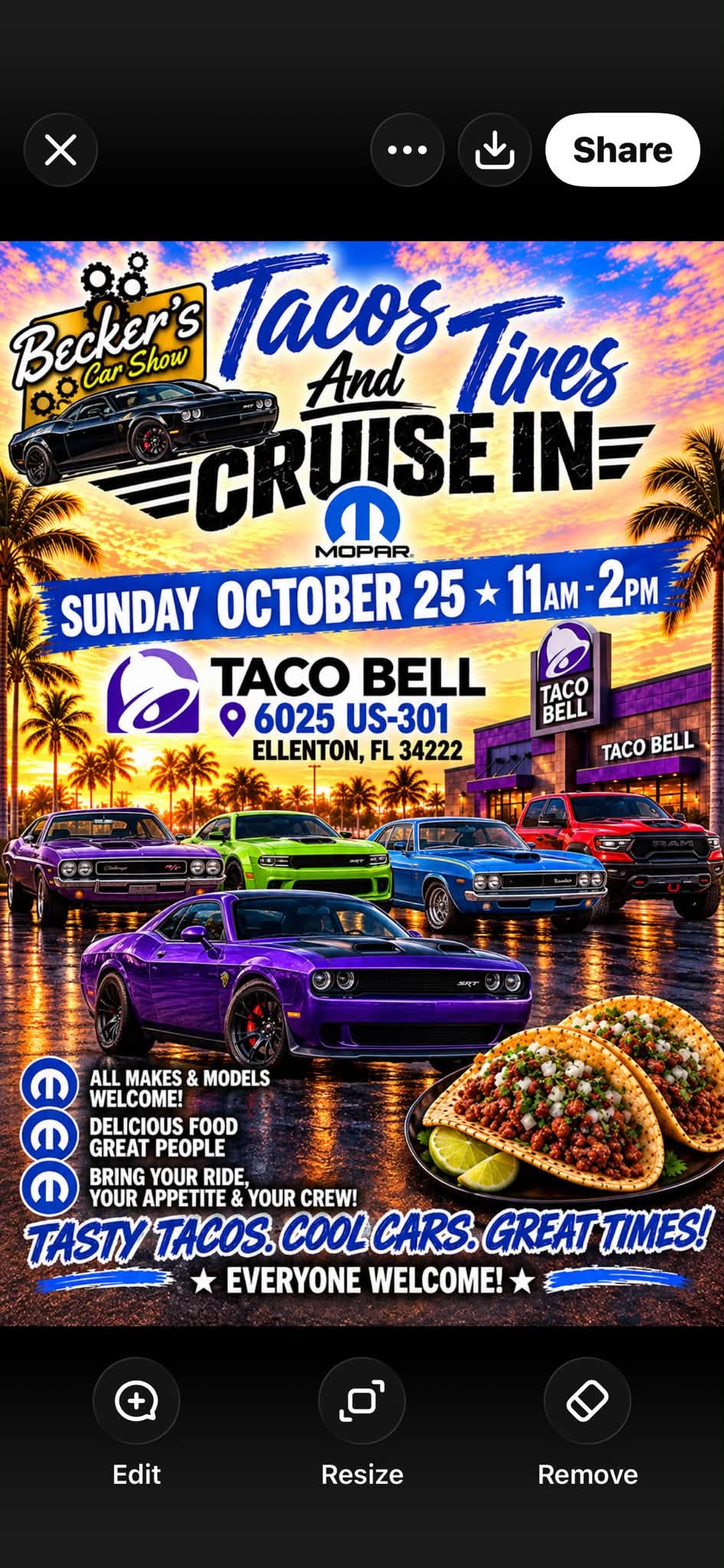 Flyer for Becker's Car Show Tacos and Tires Cruise In