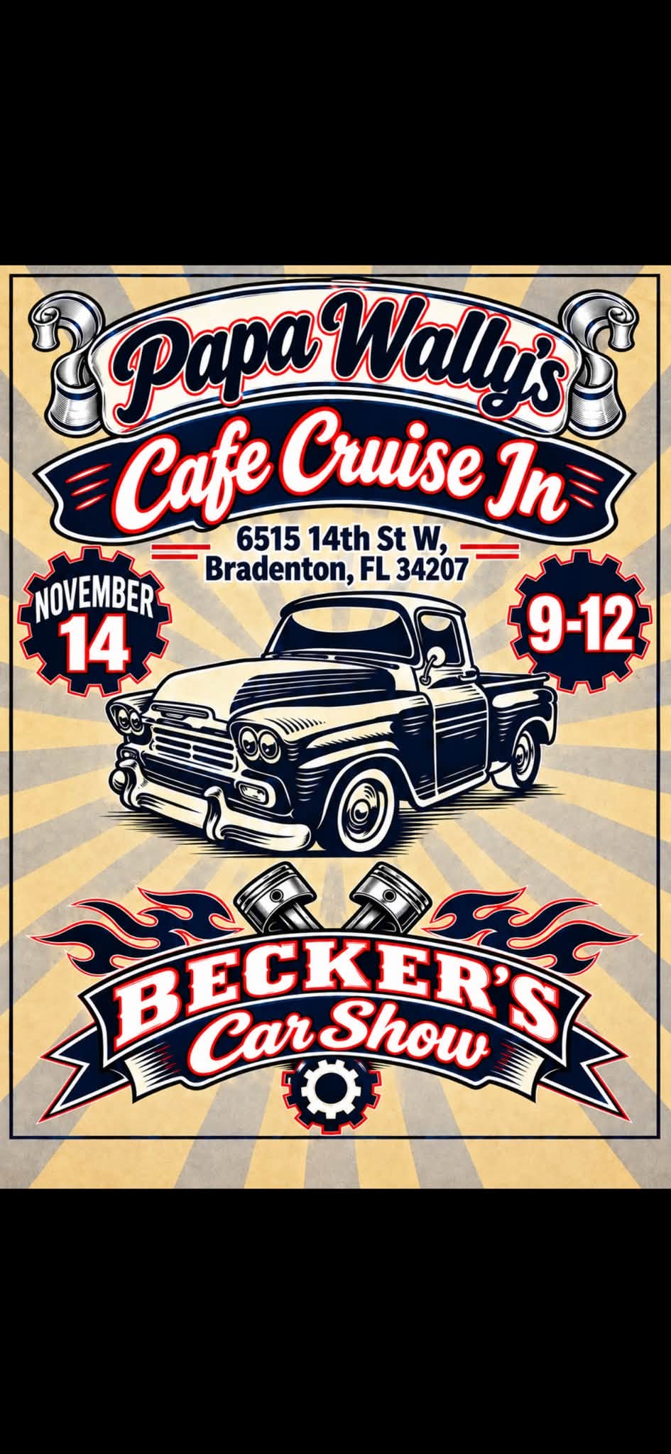 Flyer for Papa Wally's Cafe Cruise In & Becker's Car Show