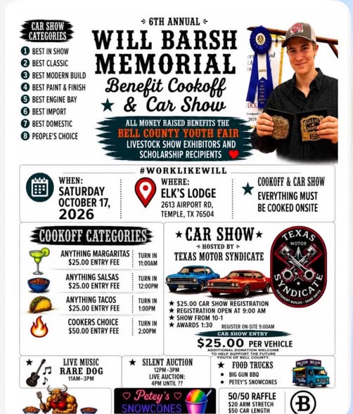 Flyer for 6th Annual Will Barsh Memorial Benefit Cookoff & Car Show