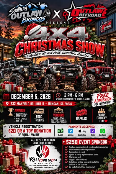 Flyer for Southern Outlaw Broncos & Outlaw Offroad 4X4 Christmas Show