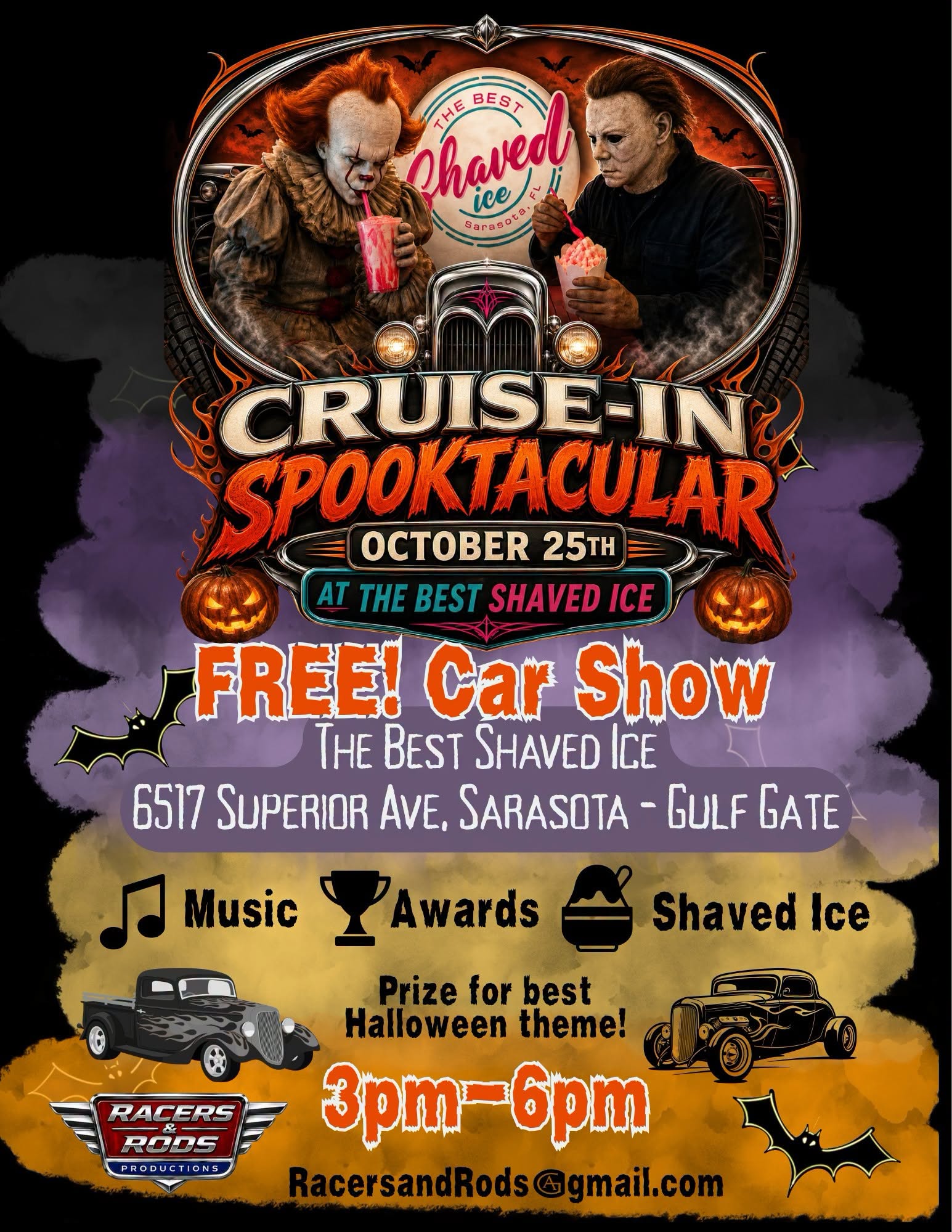 Flyer for Cruise-In Spooktacular at The Best Shaved Ice