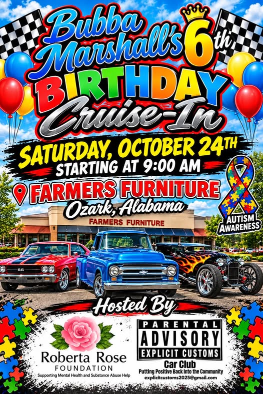 Flyer for Bubba Marshall's 6th Birthday Cruise-In