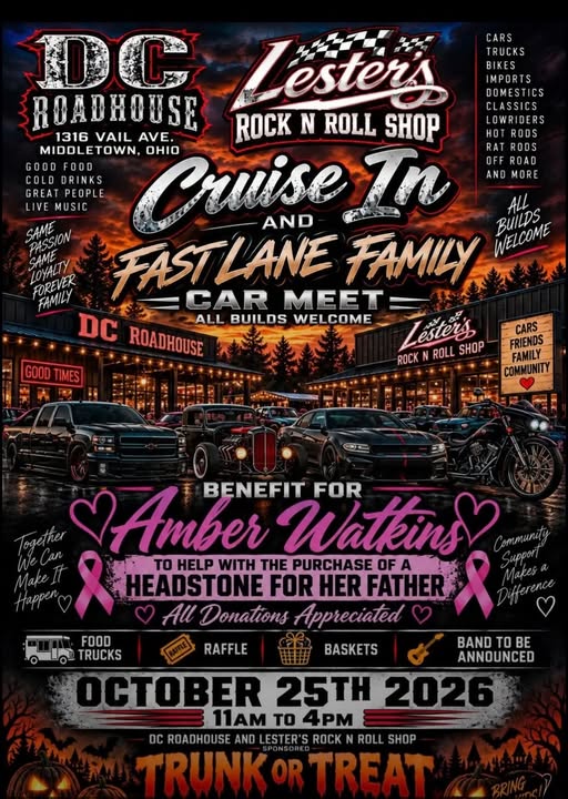 Flyer for Lester's Rock N Roll Shop Cruise In and Fast Lane Family Car Meet