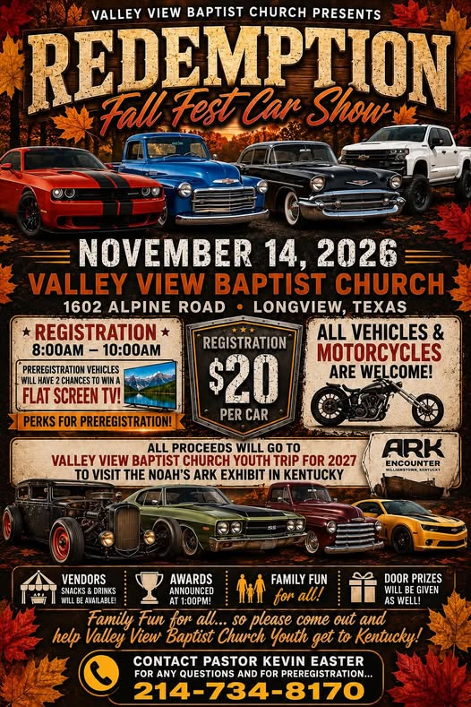 Flyer for Valley View Baptist Church Redemption Fall Fest Car Show
