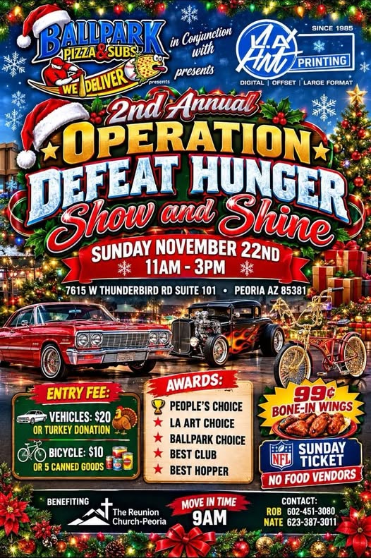Flyer for Ballpark Pizza & Subs 2nd Annual Operation Defeat Hunger Show and Shine