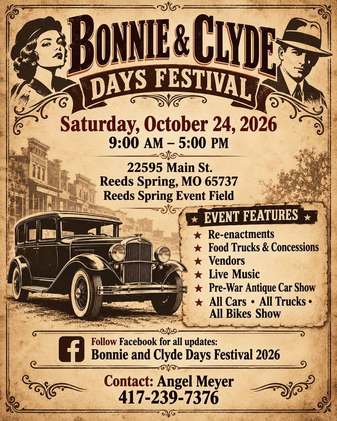 Flyer for Bonnie & Clyde Days Festival 2026