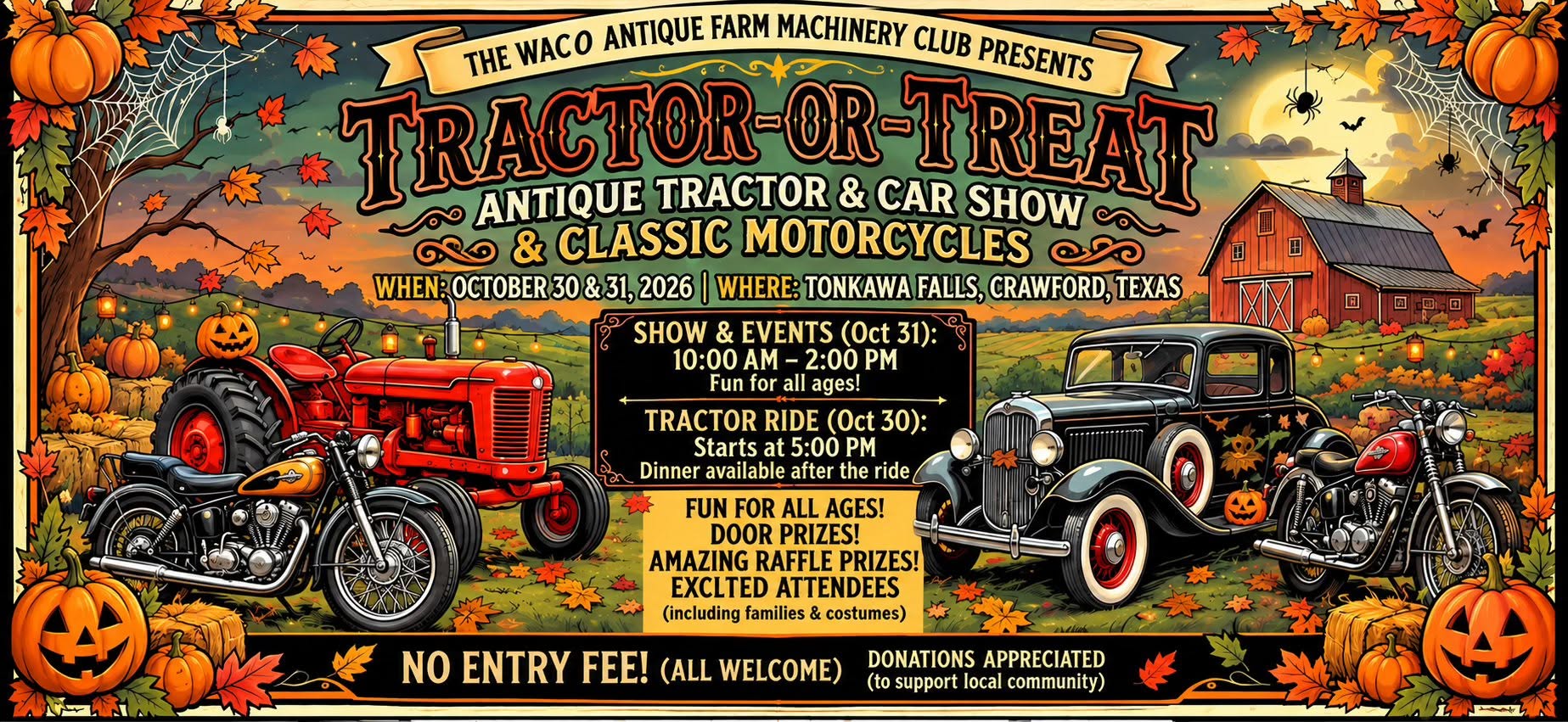 Flyer for Waco Antique Farm Machinery Club Tractor-or-Treat Antique Tractor & Car Show & Classic Motorcycles