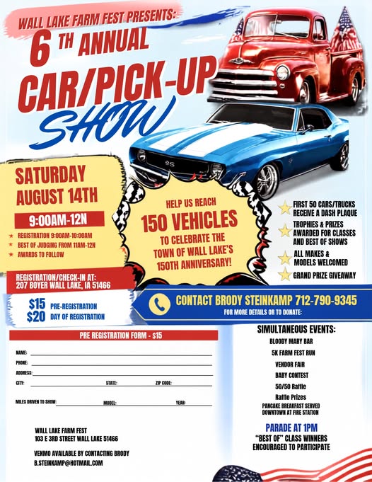 Flyer for Wall Lake Farm Fest 6th Annual Car/Pick-Up Show