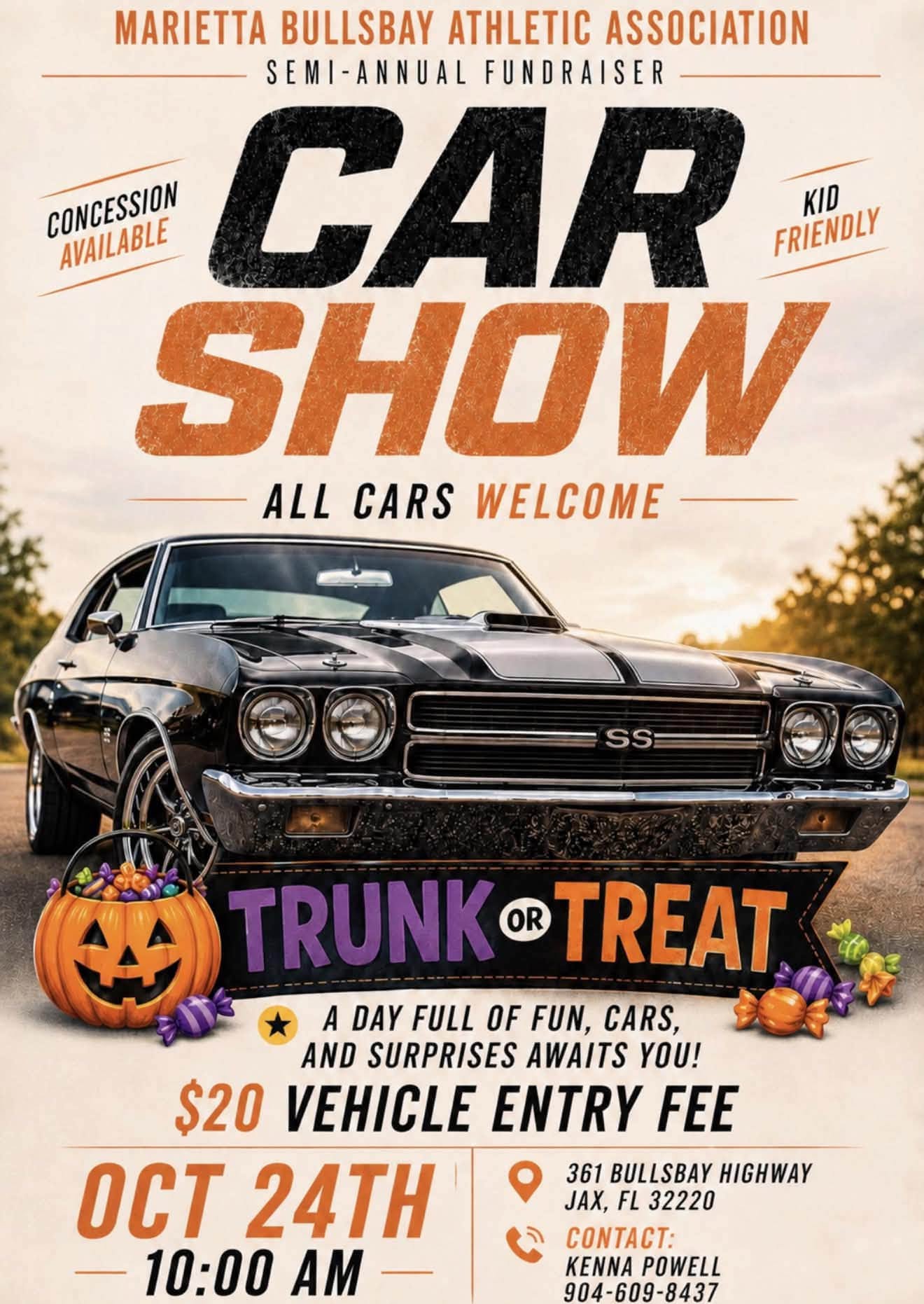 Flyer for Marietta Bullsbay Athletic Association Car Show & Trunk or Treat