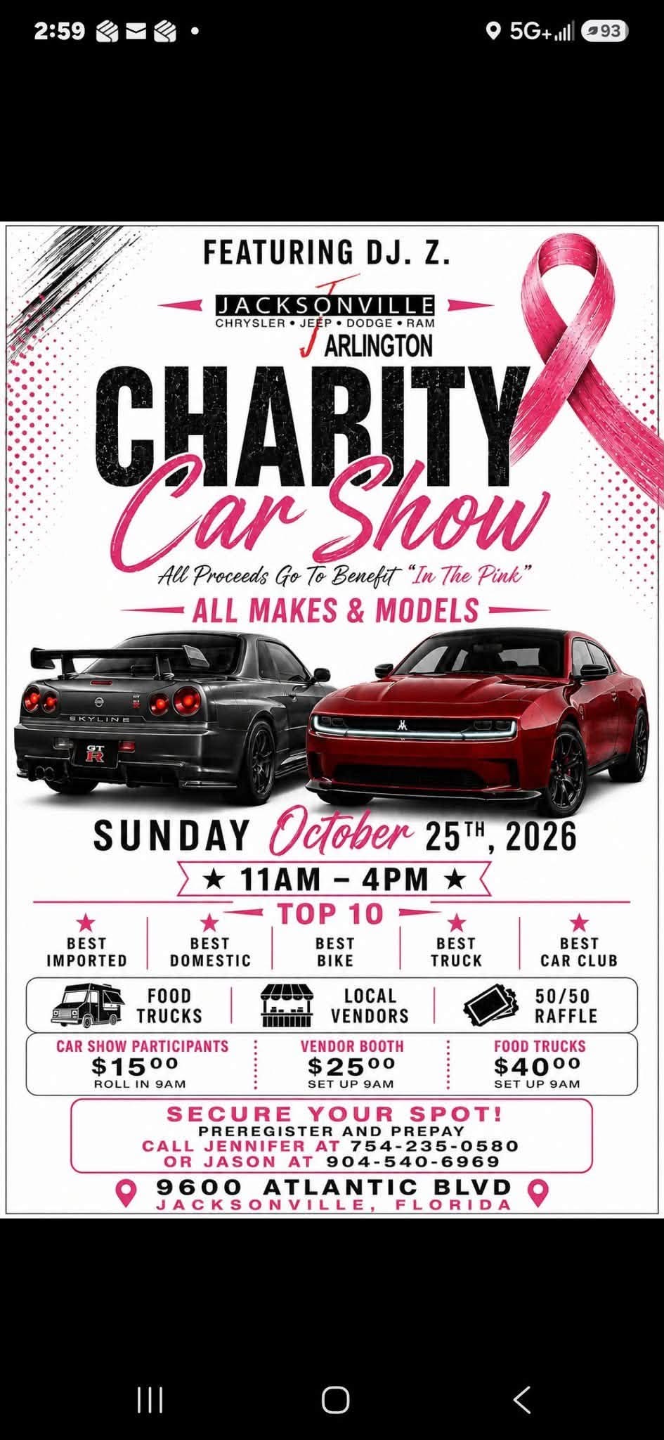 Flyer for Jacksonville Arlington Charity Car Show - In The Pink