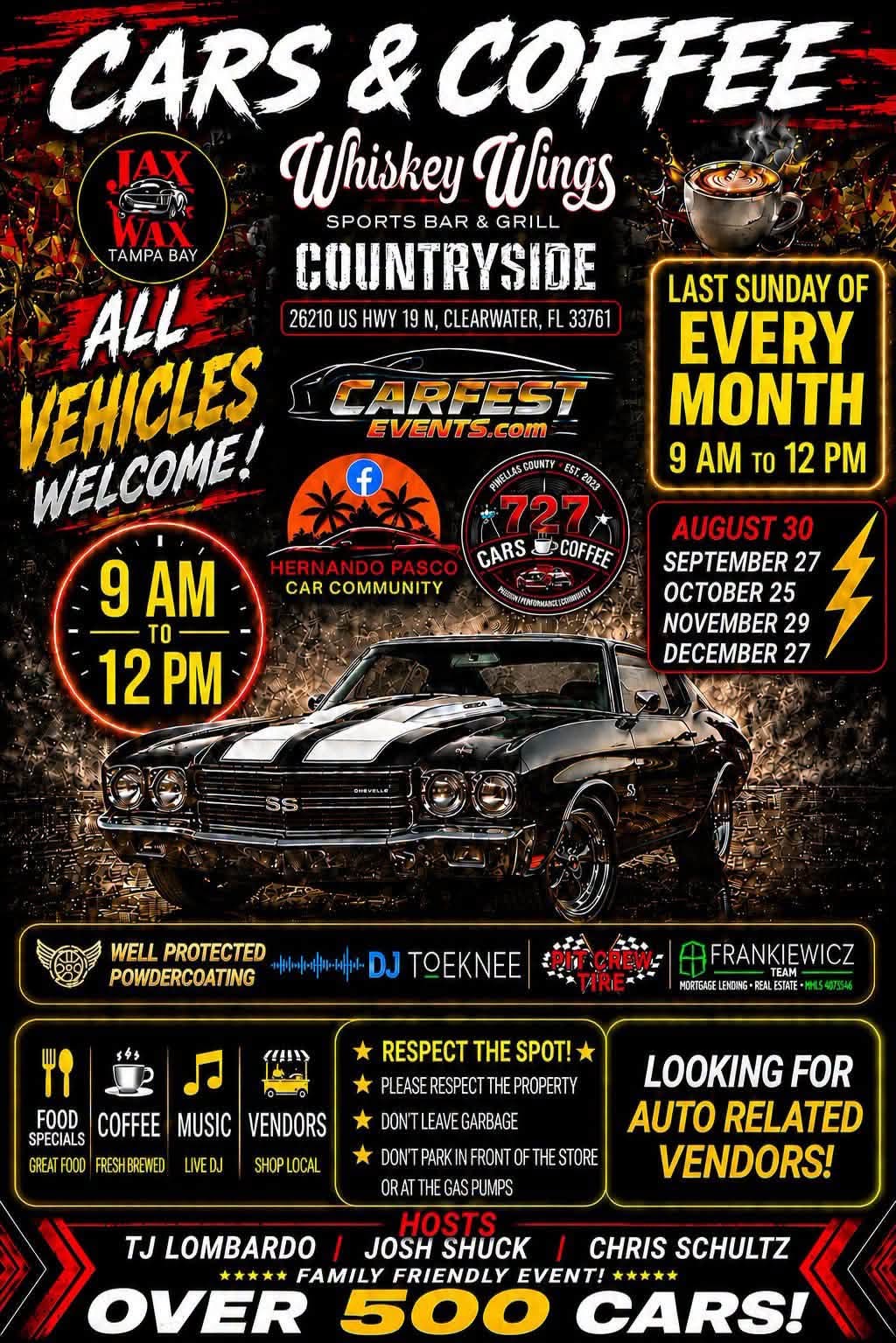 Flyer for Cars & Coffee Whiskey Wings Countryside