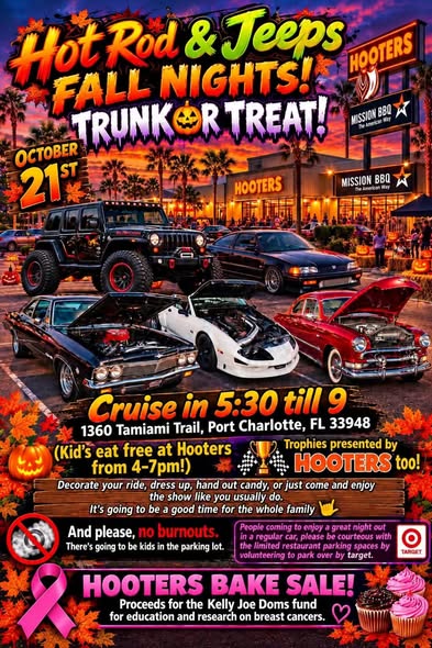 Flyer for Hot Rod & Jeeps Fall Nights Trunk or Treat at Hooters