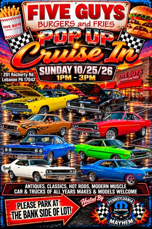 Flyer for Five Guys Burgers and Fries Pop Up Cruise In