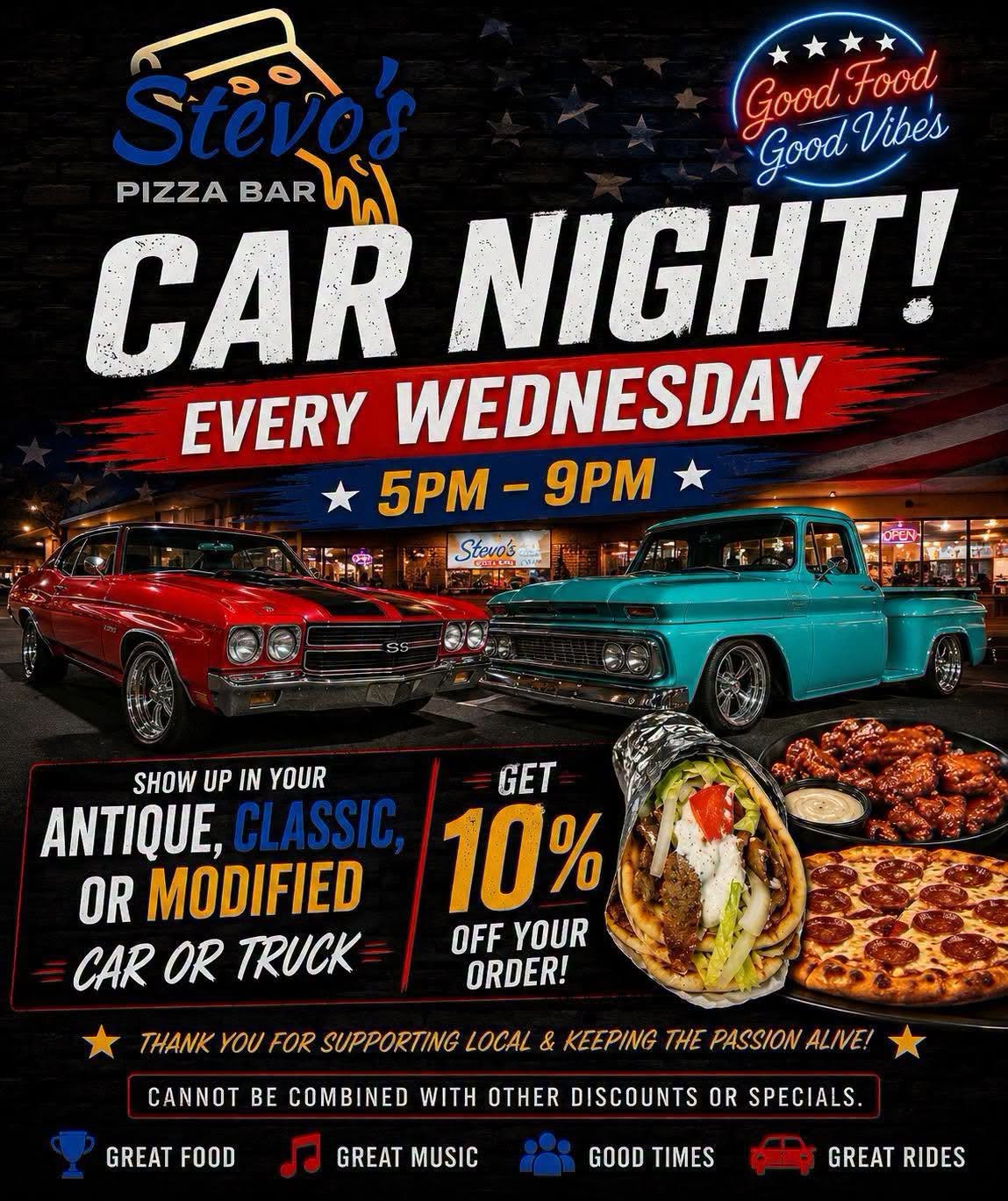Flyer for Stevo's Pizza Bar Car Night