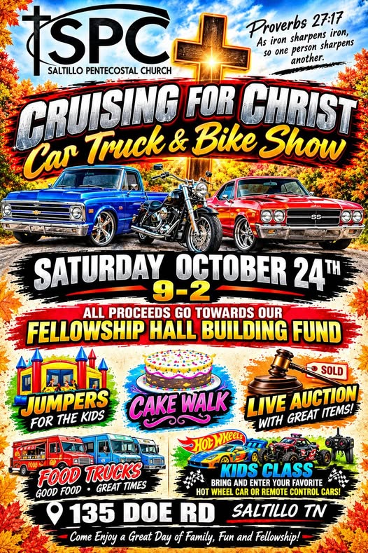 Flyer for Saltillo Pentecostal Church Cruising for Christ Car Truck & Bike Show
