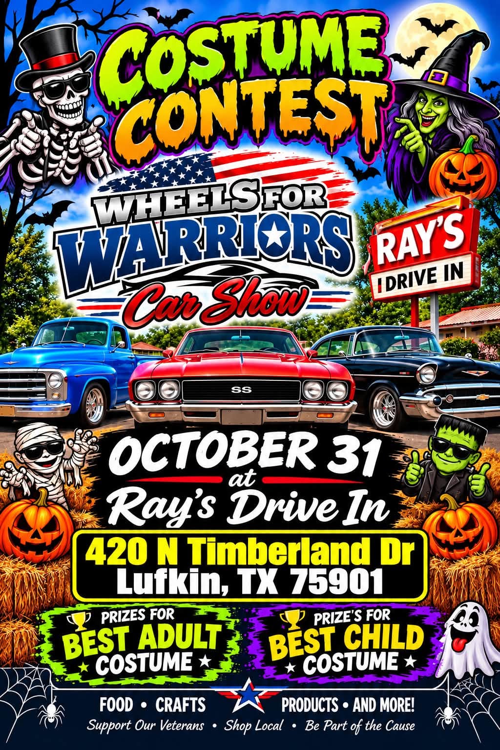 Flyer for Wheels for Warriors Costume Contest Car Show