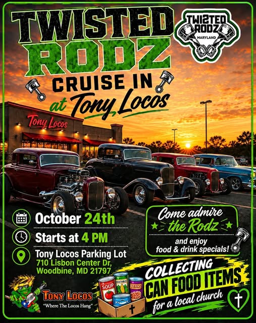 Flyer for Twisted Rodz Cruise In at Tony Locos