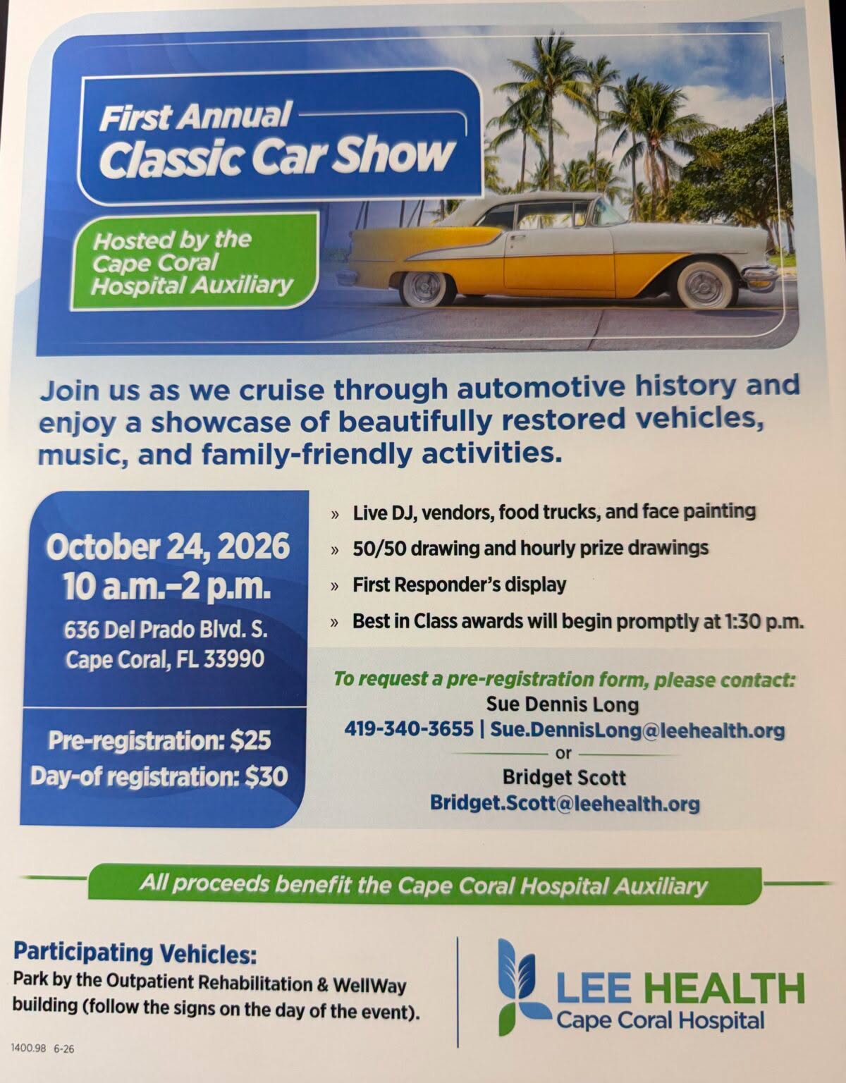Flyer for First Annual Classic Car Show - Cape Coral Hospital Auxiliary