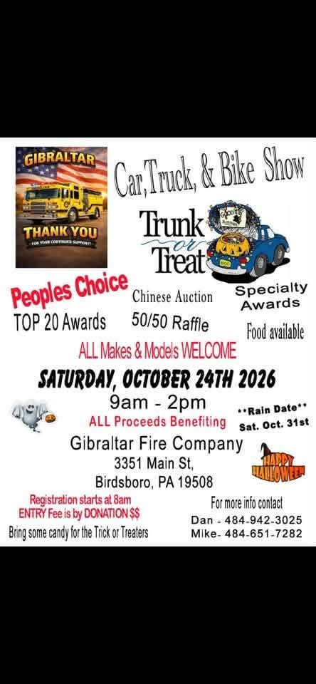 Flyer for Gibraltar Fire Company Car, Truck, & Bike Show