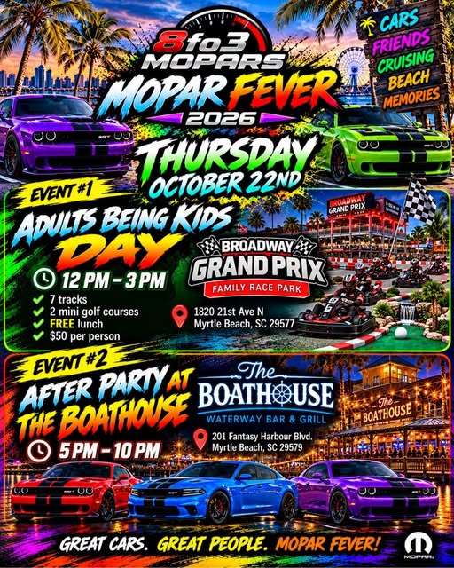 Flyer for Flo3 Mopars Mopar Fever 2025 - Adults Being Kids Day