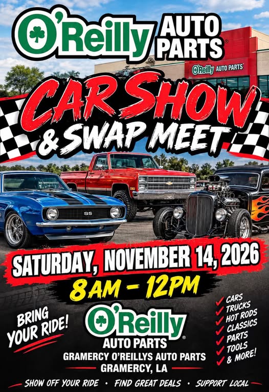 Flyer for O'Reilly Auto Parts Car Show & Swap Meet