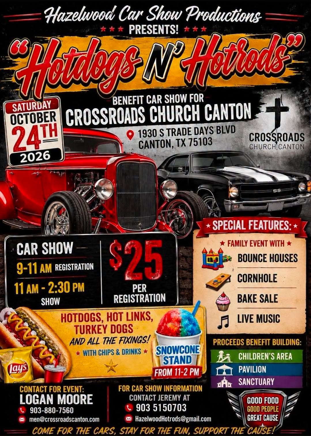 Flyer for Hotdogs N' Hotrods Benefit Car Show for Crossroads Church Canton