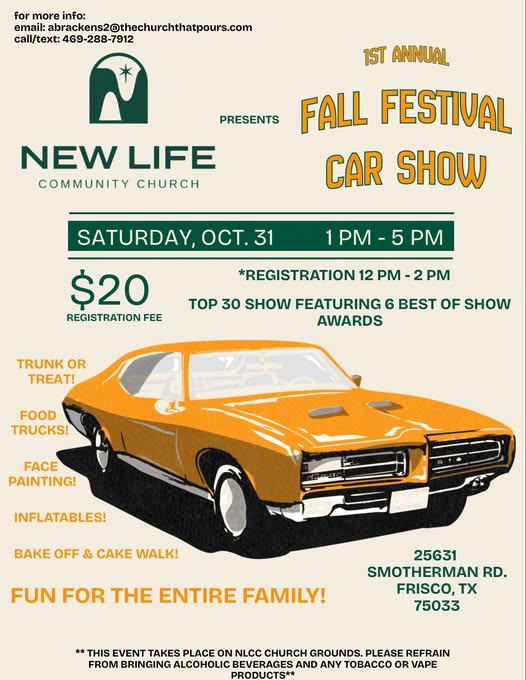 Flyer for New Life Community Church 1st Annual Fall Festival Car Show