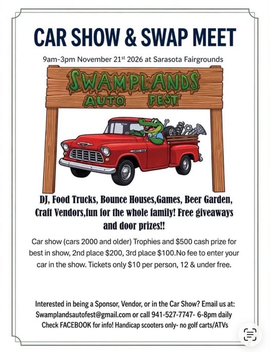Flyer for Swamplands Auto Fest Car Show & Swap Meet