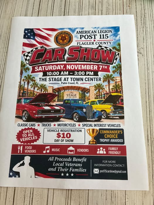 Flyer for American Legion Post 115 Flagler County Car Show