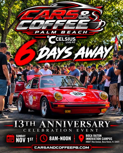 Flyer for Cars & Coffee Coral Beach 13th Anniversary Celebration Event