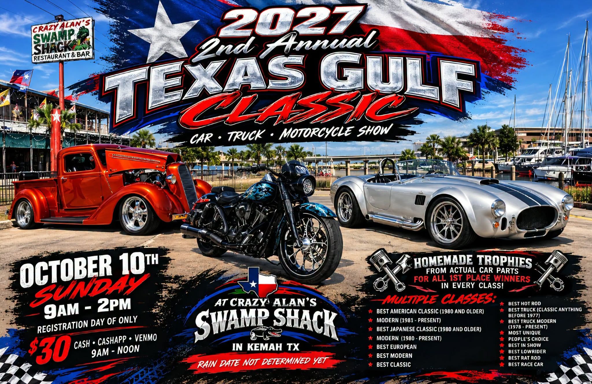 Flyer for 2027 2nd Annual Texas Gulf Classic Car, Truck, Motorcycle Show