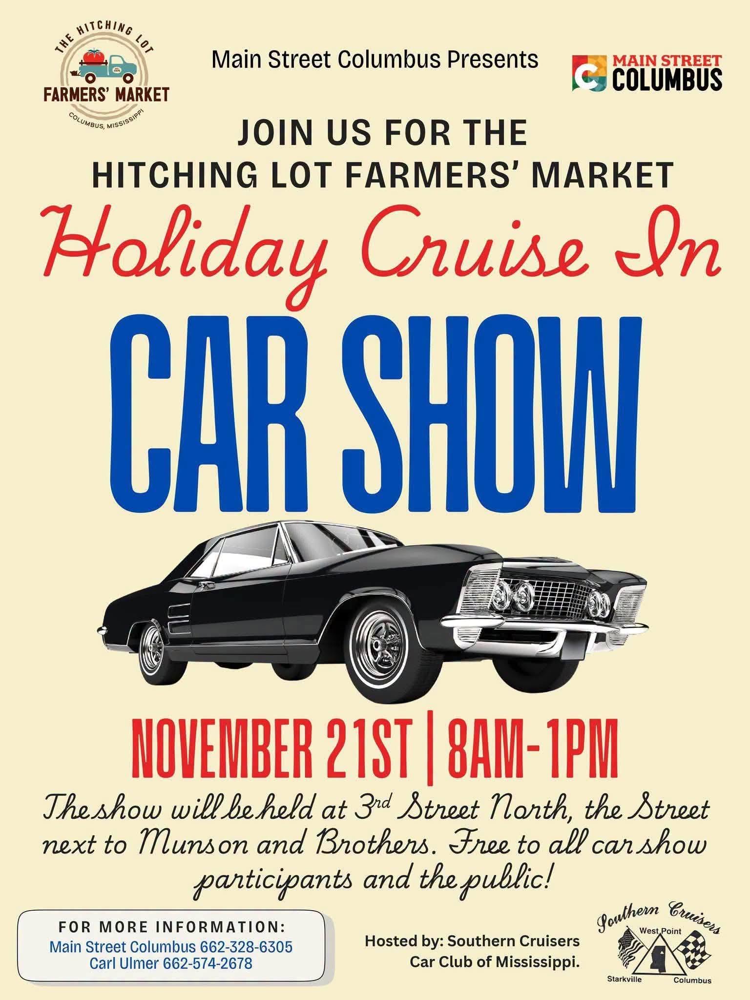 Flyer for Hitching Lot Farmers' Market Holiday Cruise-In Car Show