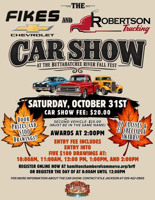 Flyer for The Fikes Chevrolet and Robertson Trucking Car Show at the Buttahatchee River Fall Fest