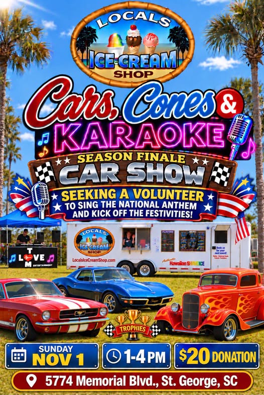 Flyer for Locals Ice Cream Shop Cars, Cones & Karaoke Season Finale Car Show