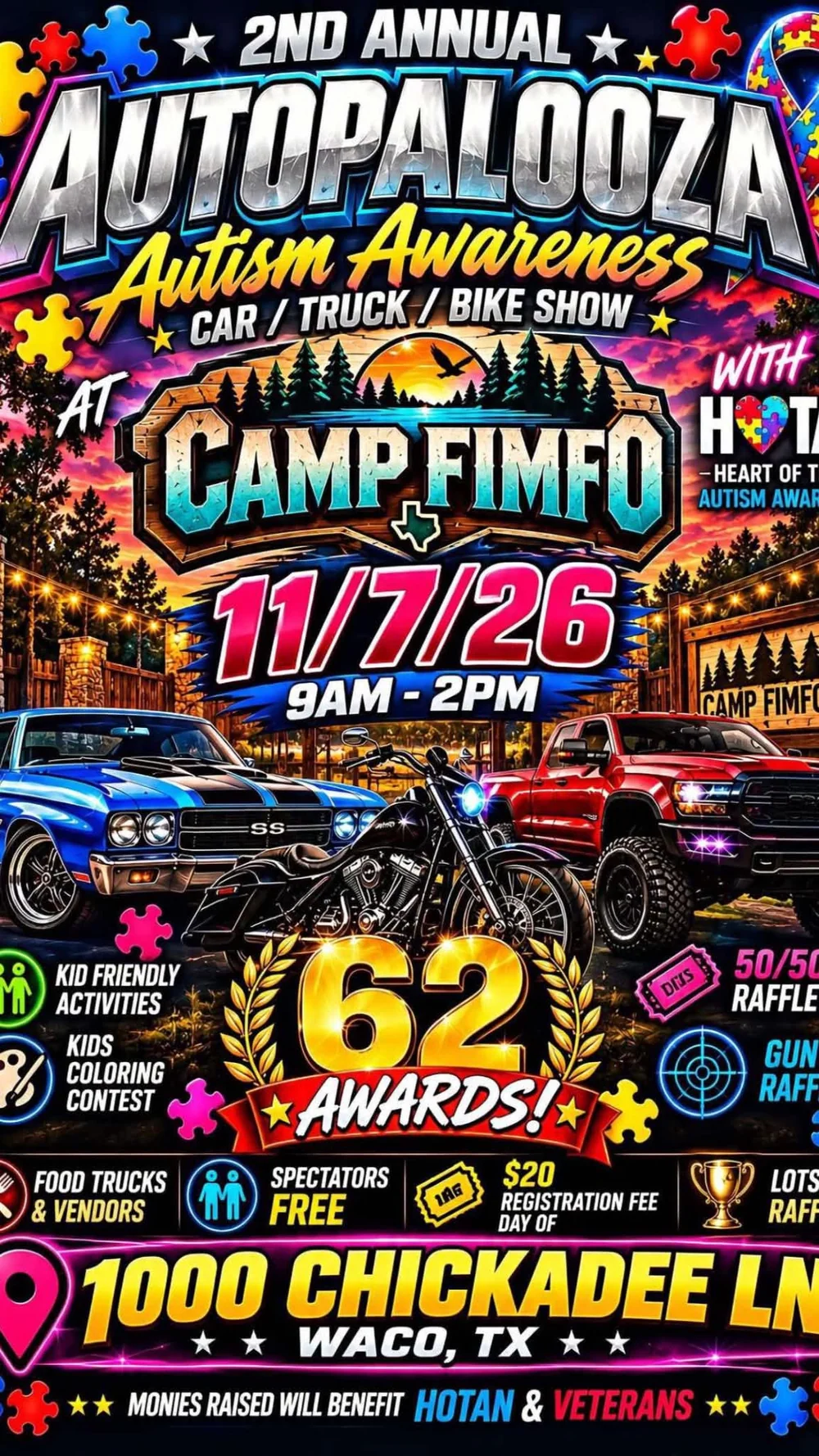 Flyer for 2nd Annual Autopalooza Autism Awareness Car/Truck/Bike Show at Camp Fimfo