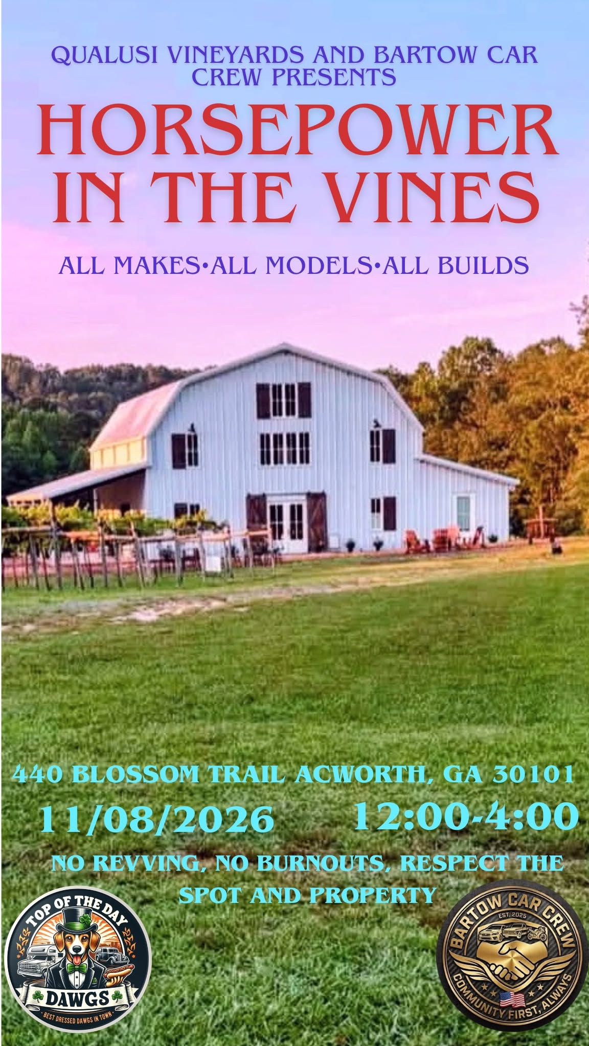Flyer for Horsepower in the Vines - Qualusi Vineyards and Bartow Car Crew