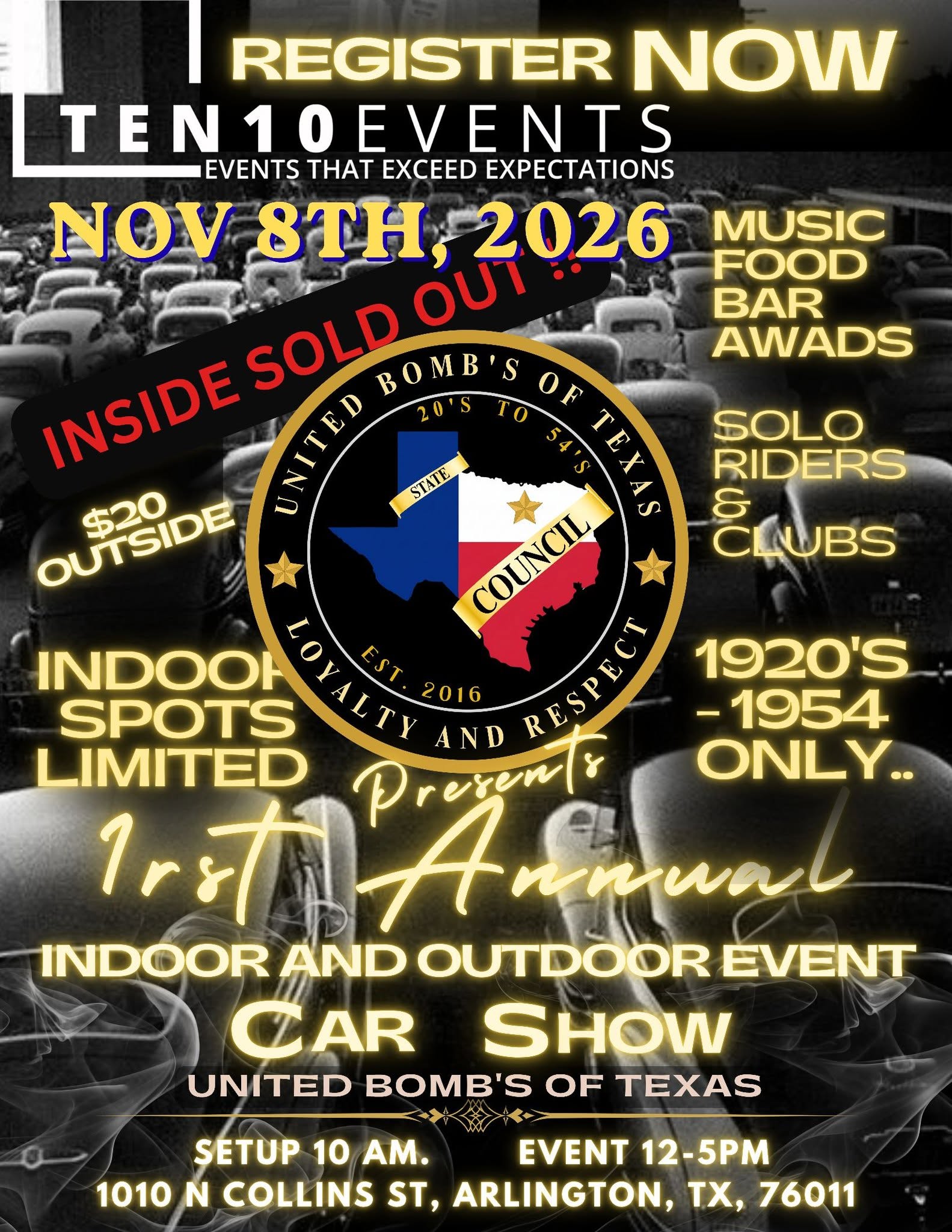 Flyer for United Bomb's of Texas 1st Annual Indoor and Outdoor Event Car Show