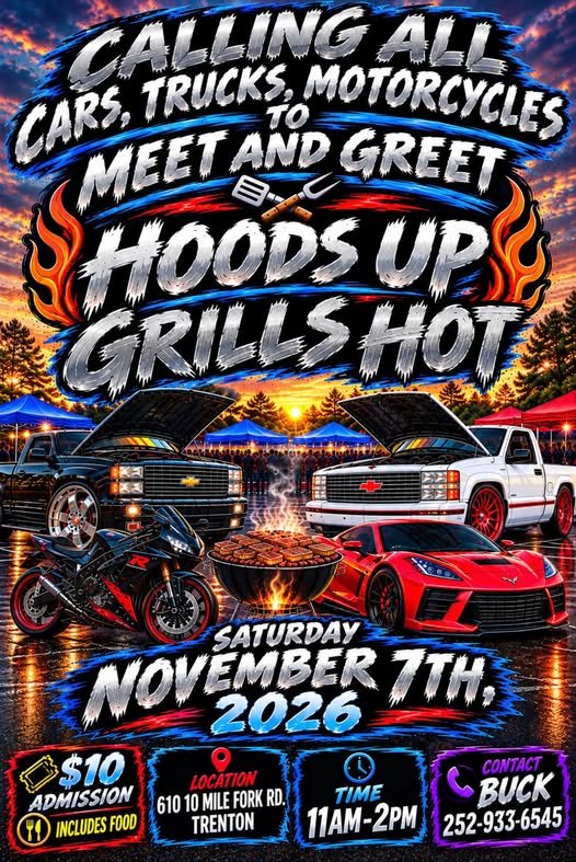Flyer for Hoods Up Grills Hot Meet and Greet